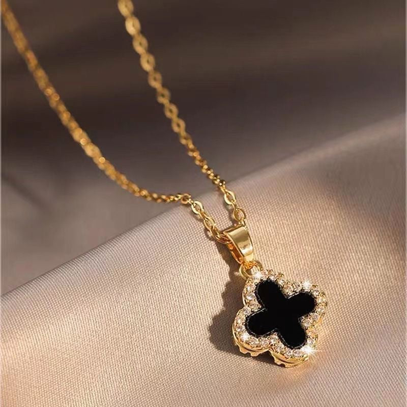 Elegant Van Cleef Inspired Black Clover Pendant Necklace-Studded