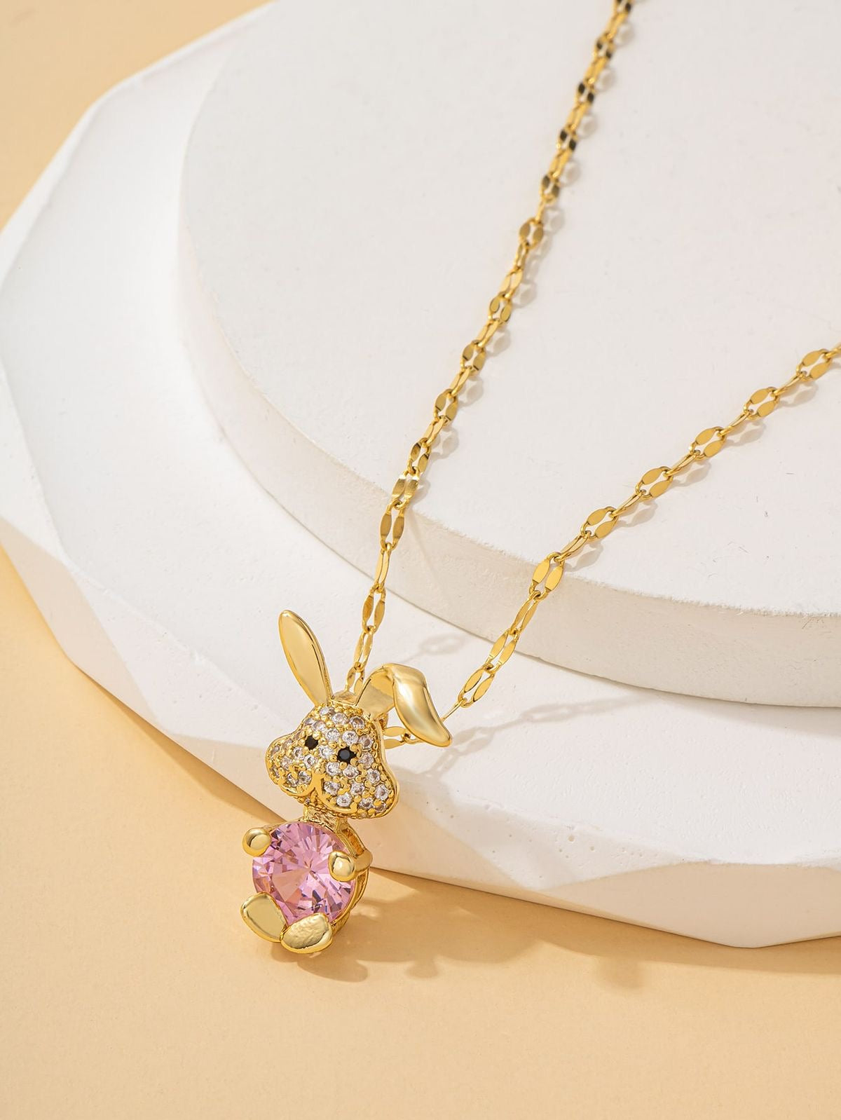 18K Gold Plated Rabbit Necklace with Pink Crystal - Dainty & Cute Rabbit Jewelry