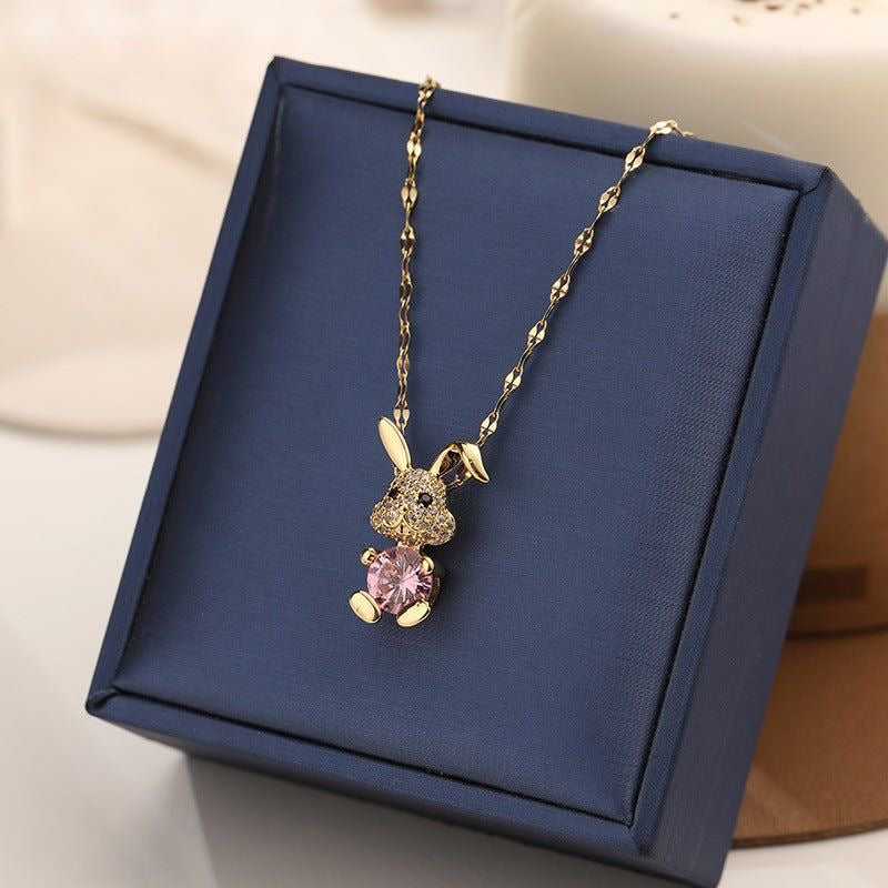 18K Gold Plated Rabbit Necklace with Pink Crystal - Dainty & Cute Rabbit Jewelry