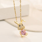 18K Gold Plated Rabbit Necklace with Pink Crystal - Dainty & Cute Rabbit Jewelry