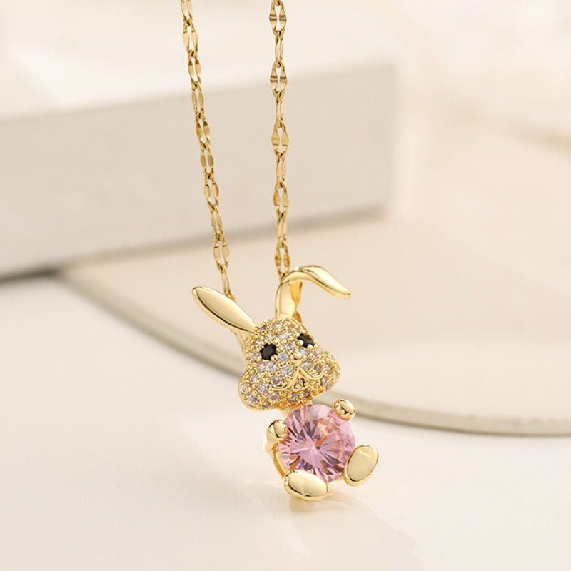 18K Gold Plated Rabbit Necklace with Pink Crystal - Dainty & Cute Rabbit Jewelry