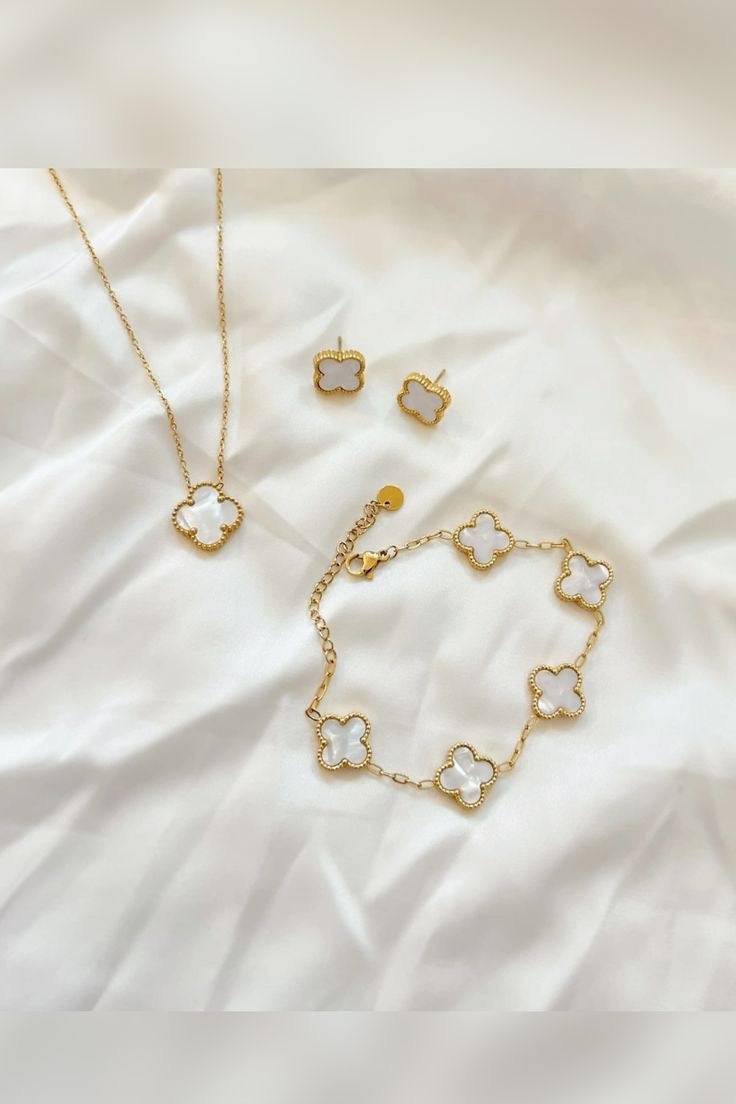 Van Cleef-Inspired White Quatrefoil Necklace Set-Necklace,Earrings and Bracelet