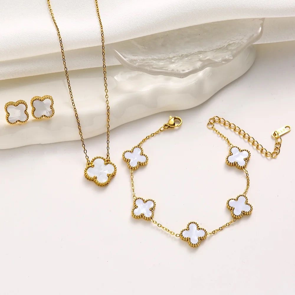 Van Cleef-Inspired White Quatrefoil Necklace Set-Necklace,Earrings and Bracelet
