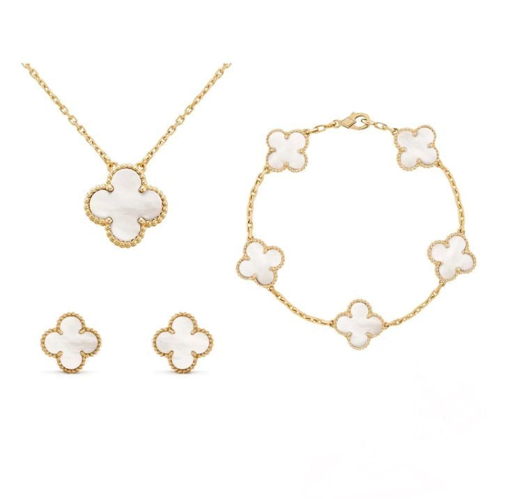Van Cleef-Inspired White Quatrefoil Necklace Set-Necklace,Earrings and Bracelet