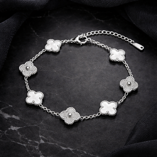 VAN CLEEF-INSPIRED SILVER AND WHITE QUATREFOIL BRACELET