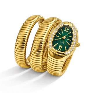 Gold Dual Coil Serpent Wrap Watch-Emerald Green