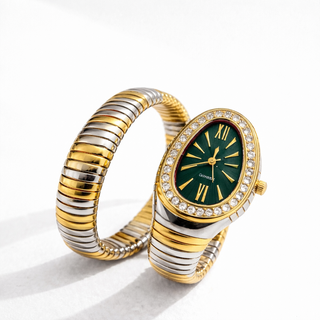 Dual Tone Green Serpent Watch-Single Coil