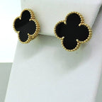 Van Cleef black clover stud earrings with gold beaded border, anti-tarnish finish, elegant luxury jewelry - vellura Jewellery