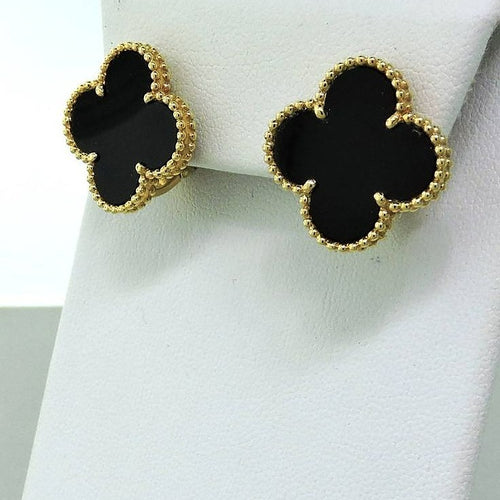 Van Cleef black clover stud earrings with gold beaded border, anti-tarnish finish, elegant luxury jewelry - vellura Jewellery