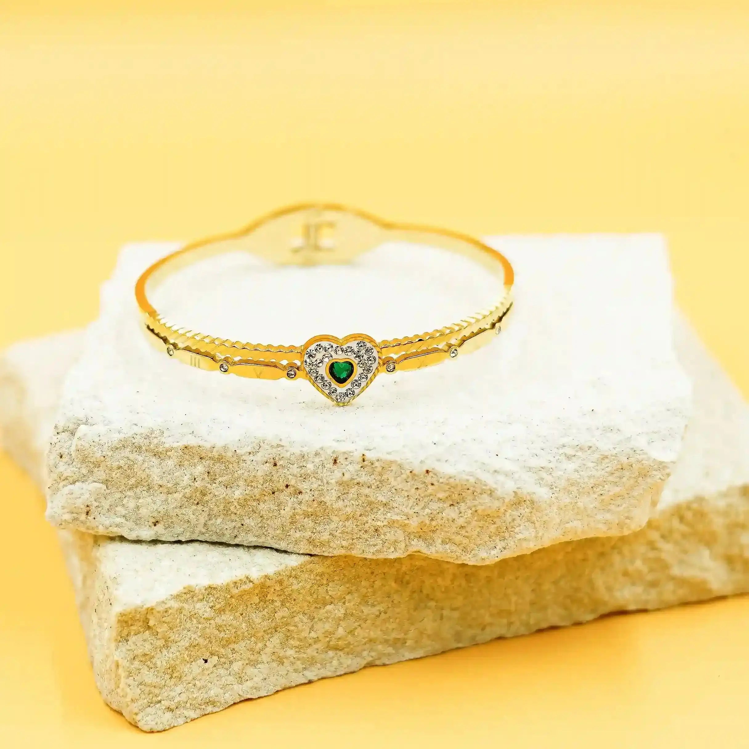 Gold Heart Bracelet with Green Stone Center Vellura Jewellery