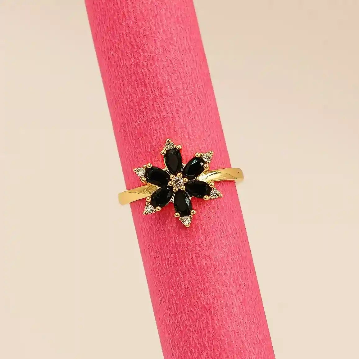 Gold Flower Ring with Black and White Stones Vellura Jewellery