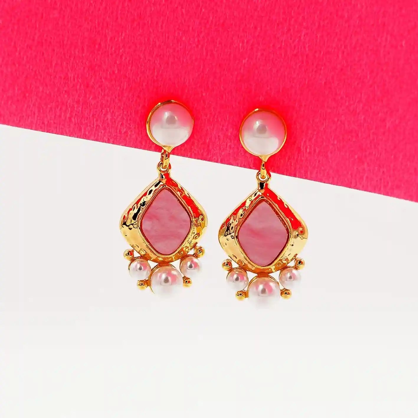 Elegant Pink Stone & Pearl Gold Drop Earrings Vellura Jewellery