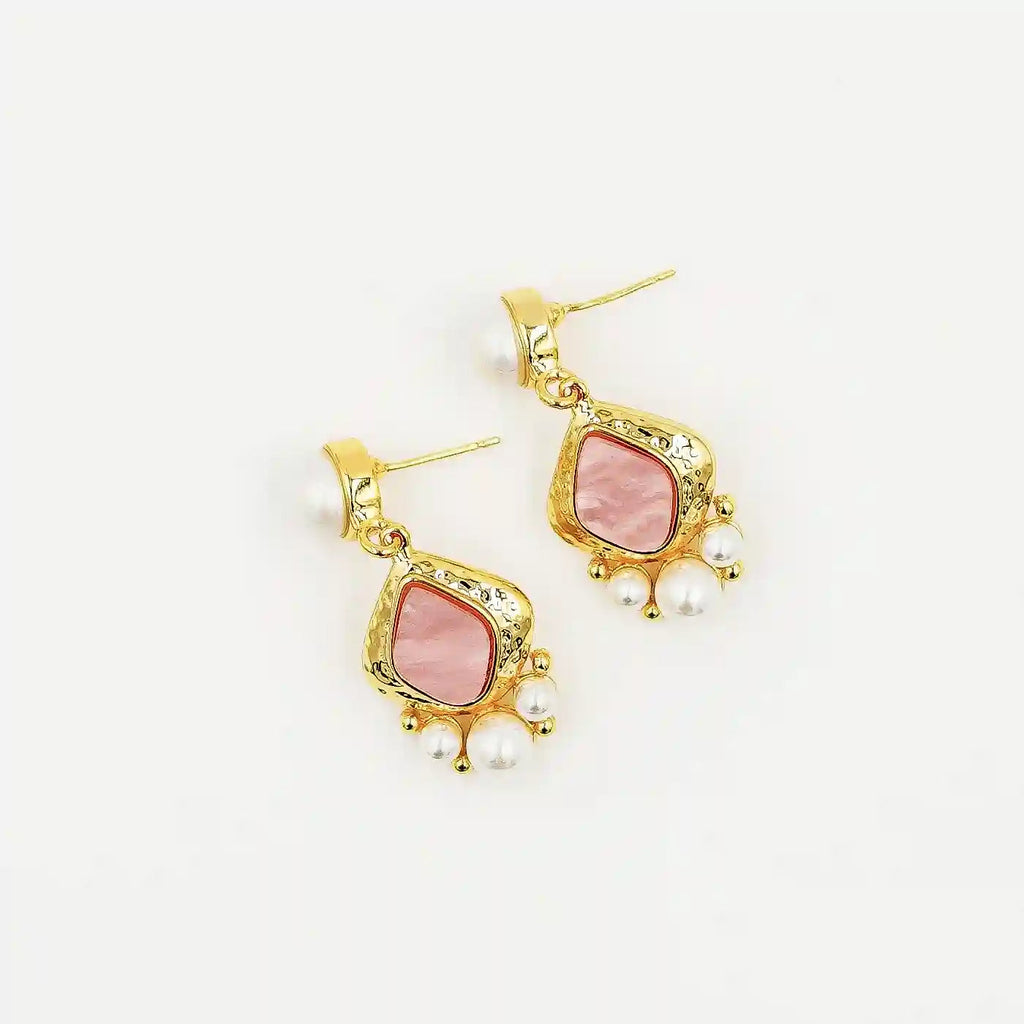 Elegant Pink Stone & Pearl Gold Drop Earrings Vellura Jewellery