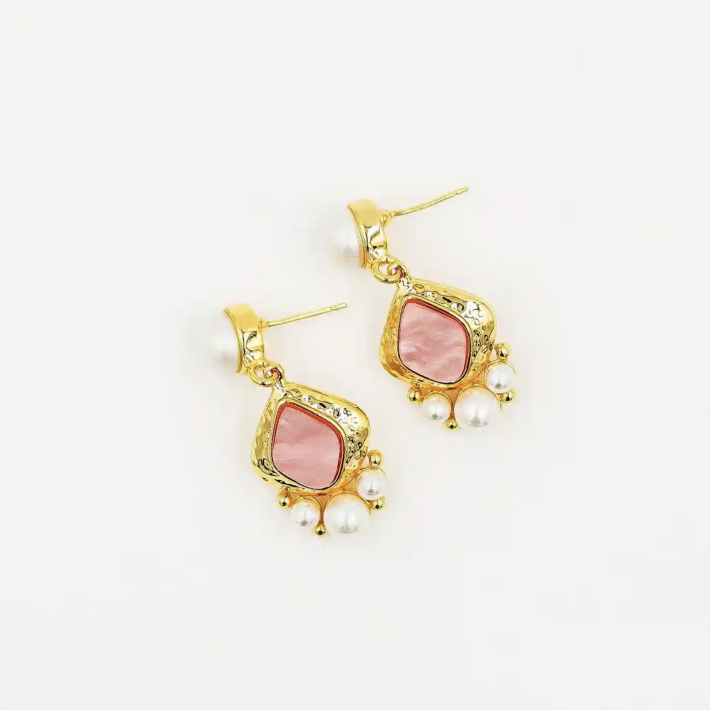 Elegant Pink Stone & Pearl Gold Drop Earrings Vellura Jewellery