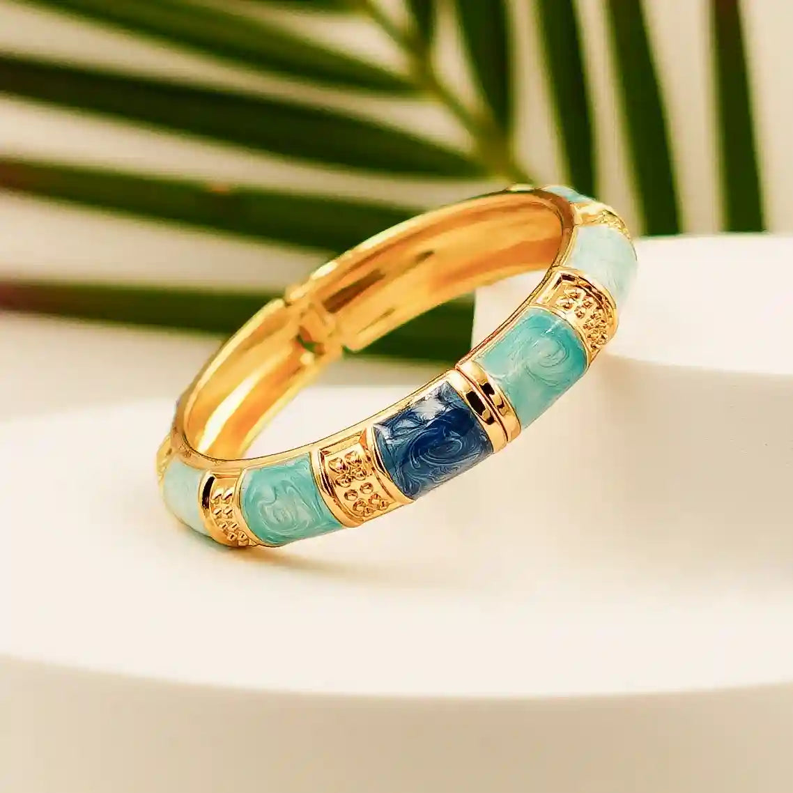 Luxury Gold-Plated Hinged Bangle with Blue & Aqua Marbled Enamel - VelluraJewellery
