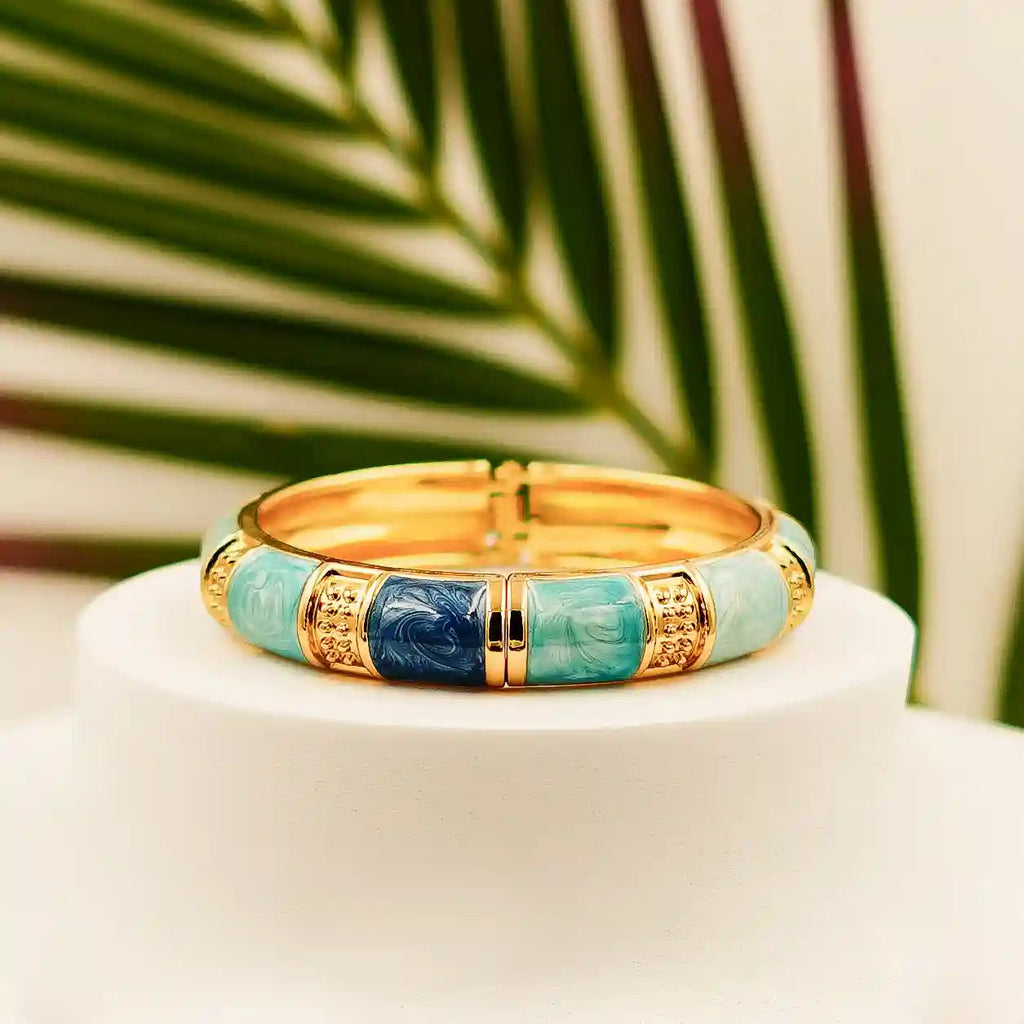 Luxury Gold-Plated Hinged Bangle with Blue & Aqua Marbled Enamel - VelluraJewellery