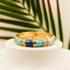 Luxury Gold-Plated Hinged Bangle with Blue & Aqua Marbled Enamel - VelluraJewellery
