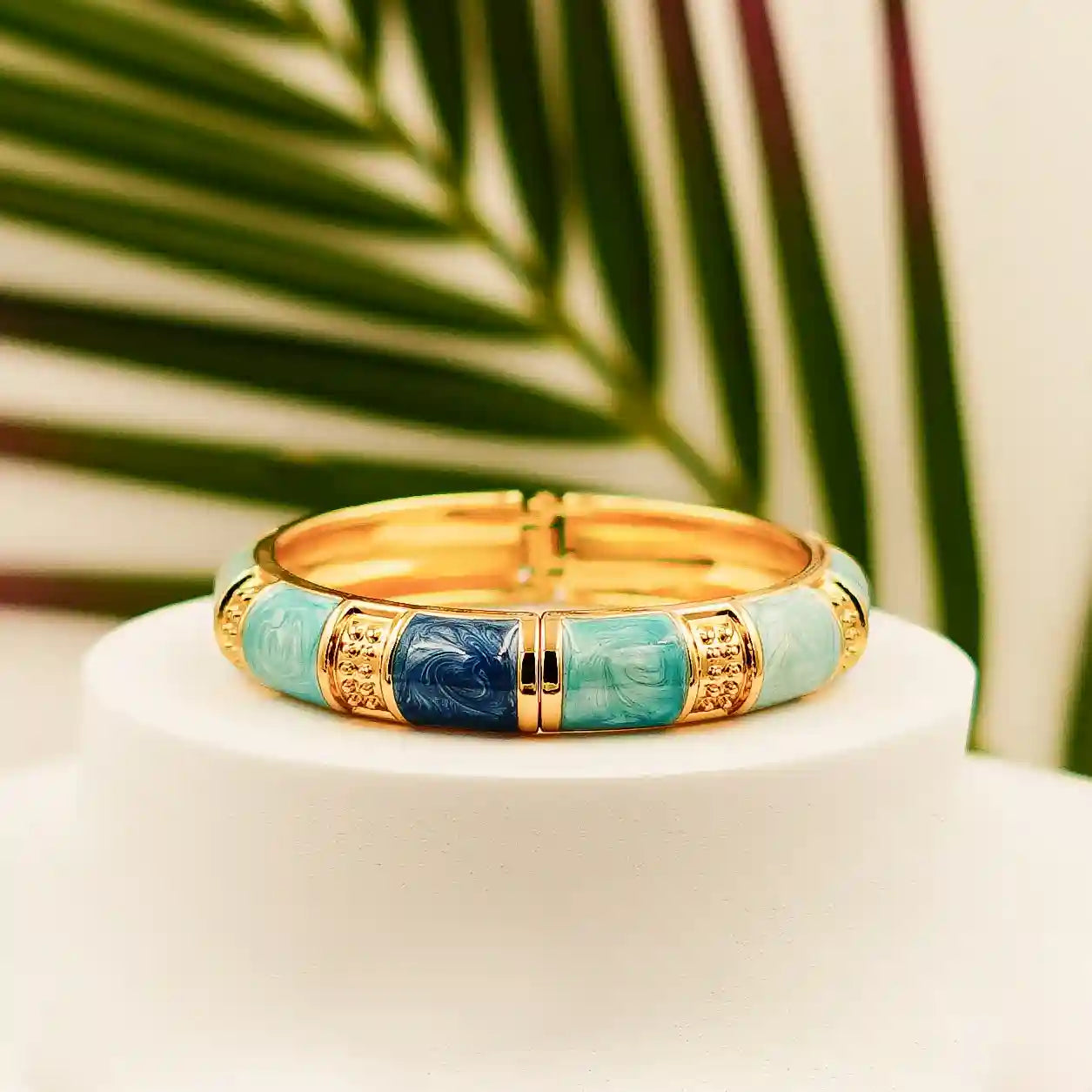 Luxury Gold-Plated Hinged Bangle with Blue & Aqua Marbled Enamel - VelluraJewellery