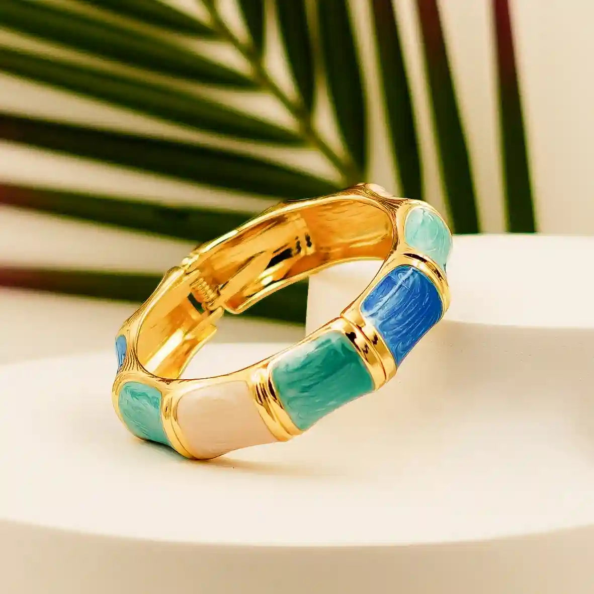 Luxury Gold-Plated Hinged Bangle with Blue & Turquoise Enamel - VelluraJewellery