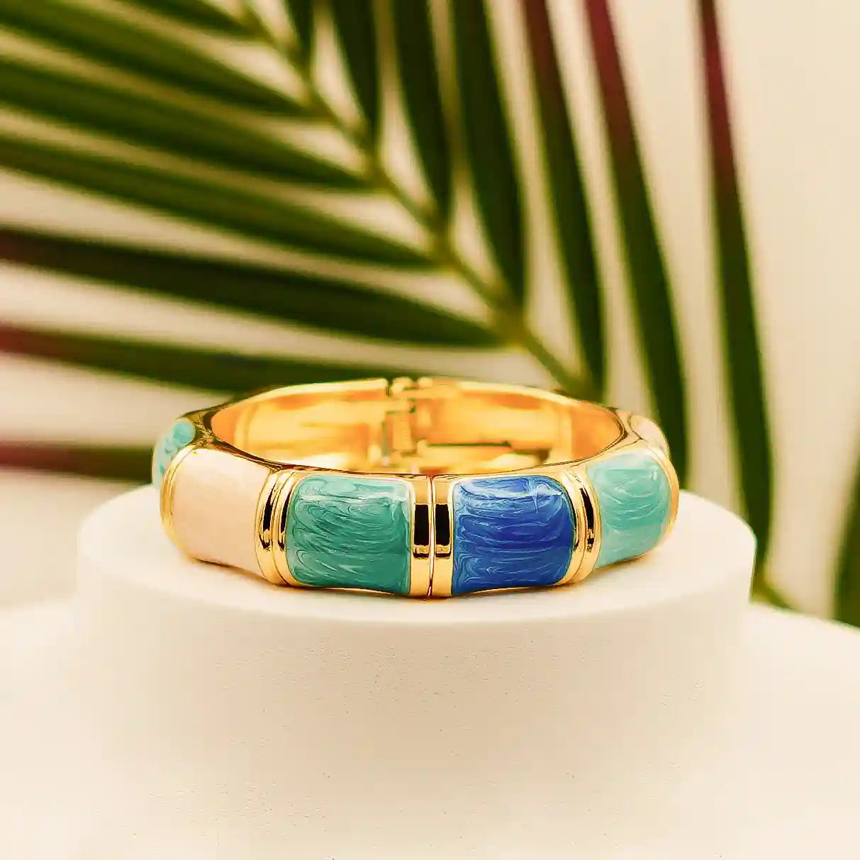 Luxury Gold-Plated Hinged Bangle with Blue & Turquoise Enamel - VelluraJewellery