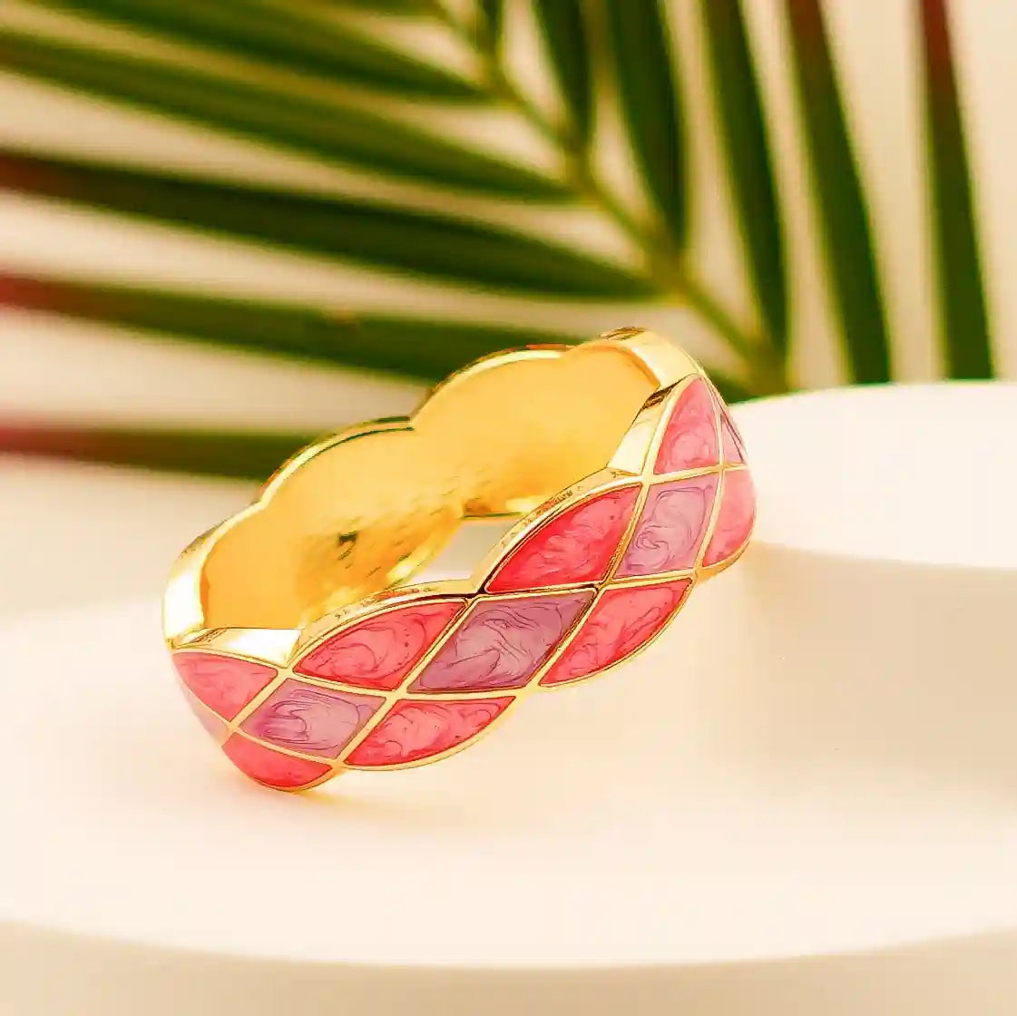 Gold-Plated Pink & Purple Diamond-Pattern Enamel Bangle - VelluraJewellery