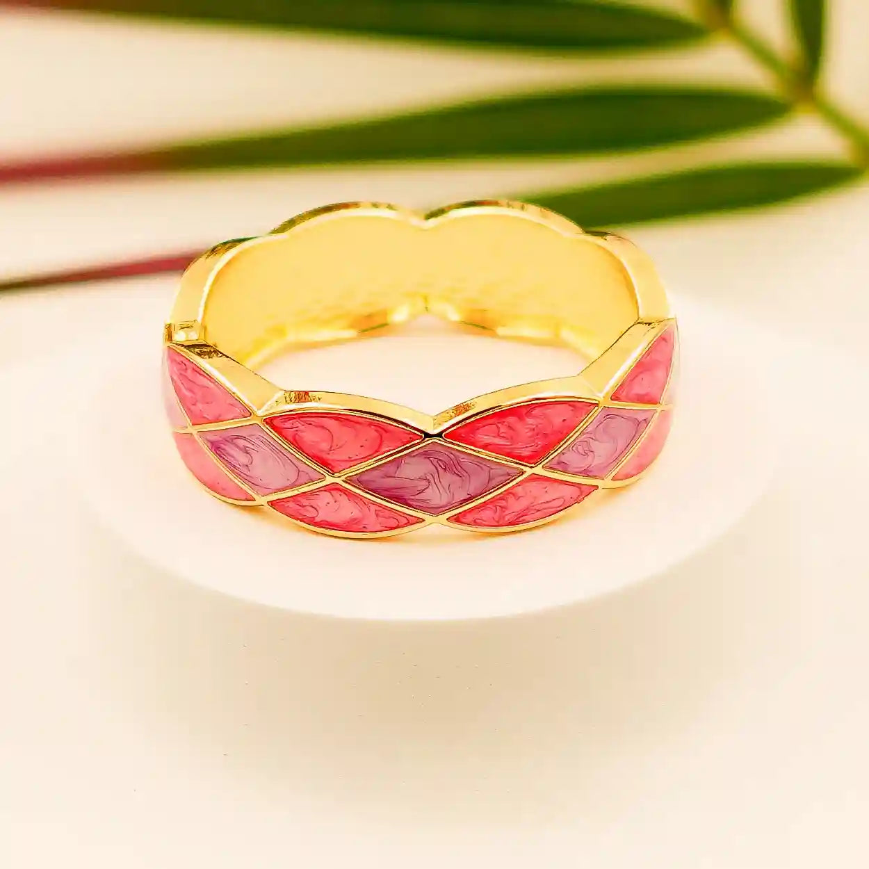 Gold-Plated Pink & Purple Diamond-Pattern Enamel Bangle - VelluraJewellery