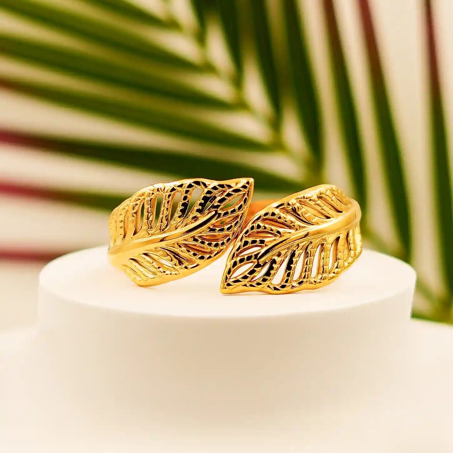 Elegant  Gold Leaf Design Adjustable Open Bangle Bracelet - VelluraJewellery