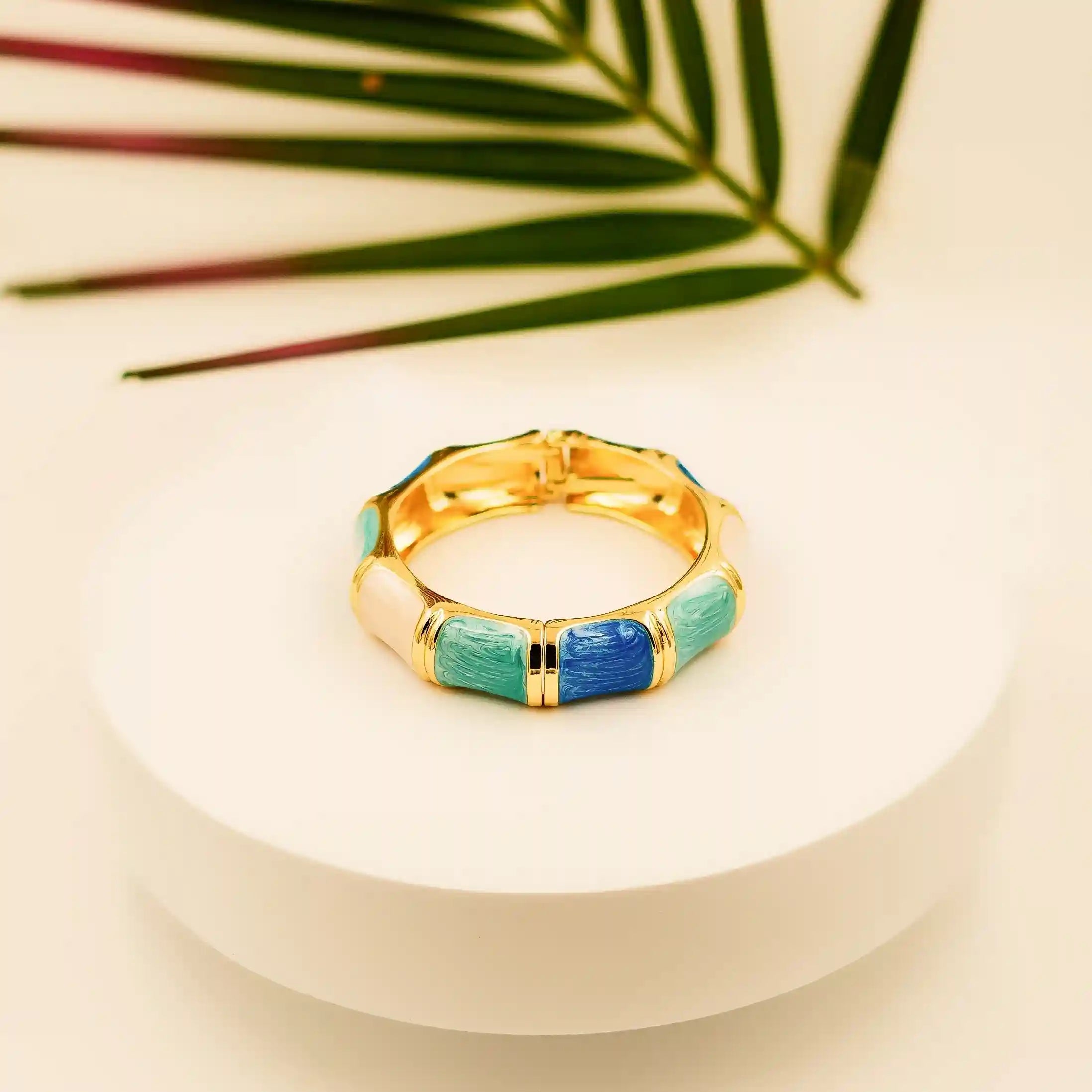 Luxury Gold-Plated Hinged Bangle with Blue & Turquoise Enamel - VelluraJewellery