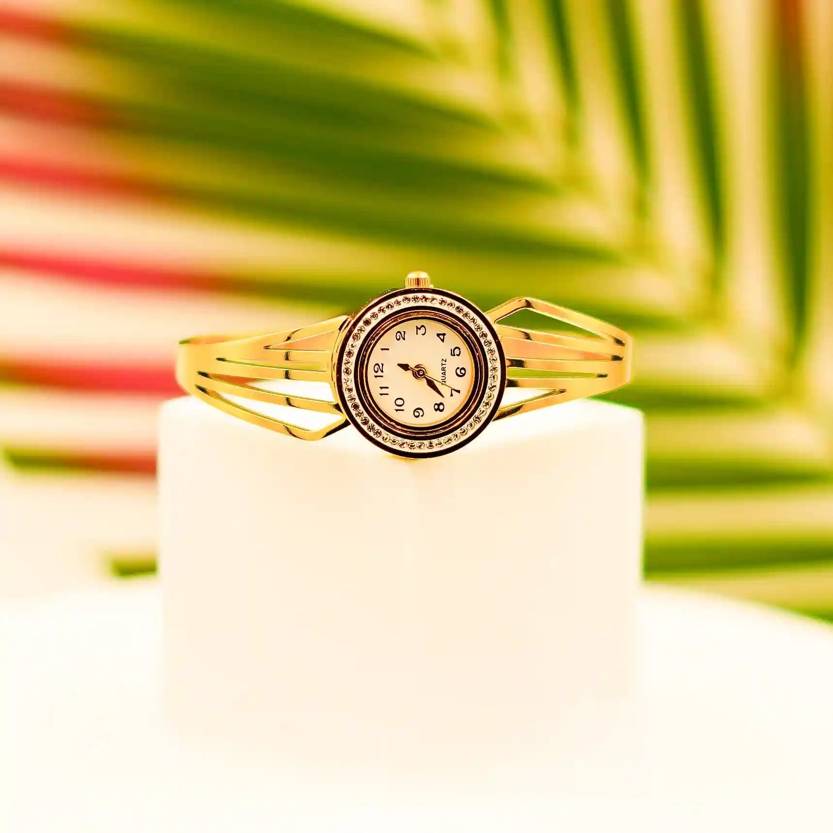 Luxury Anti-Tarnish Gold Bangle Women’s Quartz Watch with Crystal Accents - Vellura Jewellery  