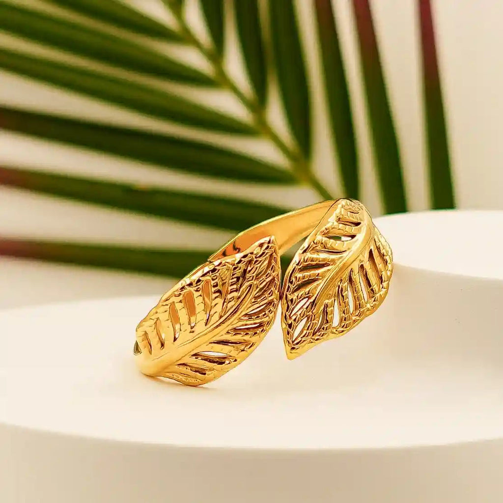 Elegant  Gold Leaf Design Adjustable Open Bangle Bracelet - VelluraJewellery