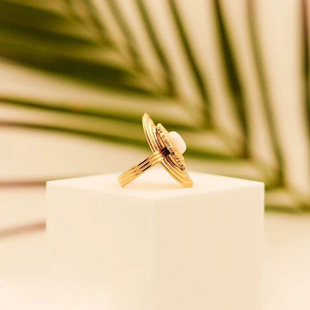 Gold Plated Oval Ring-White Pearl - Vellura Jewellery  Rings
