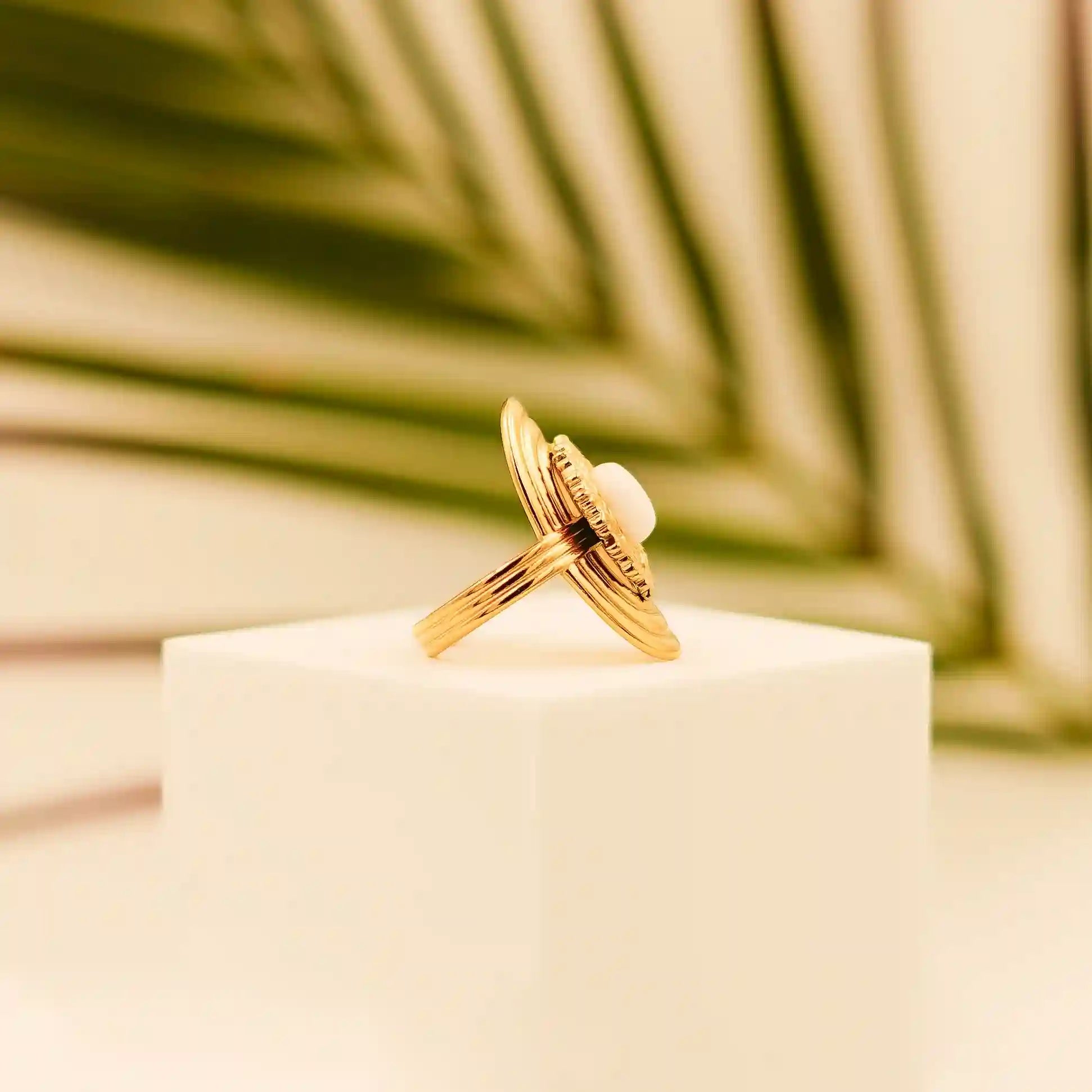 Gold Plated Oval Ring-White Pearl - Vellura Jewellery  Rings