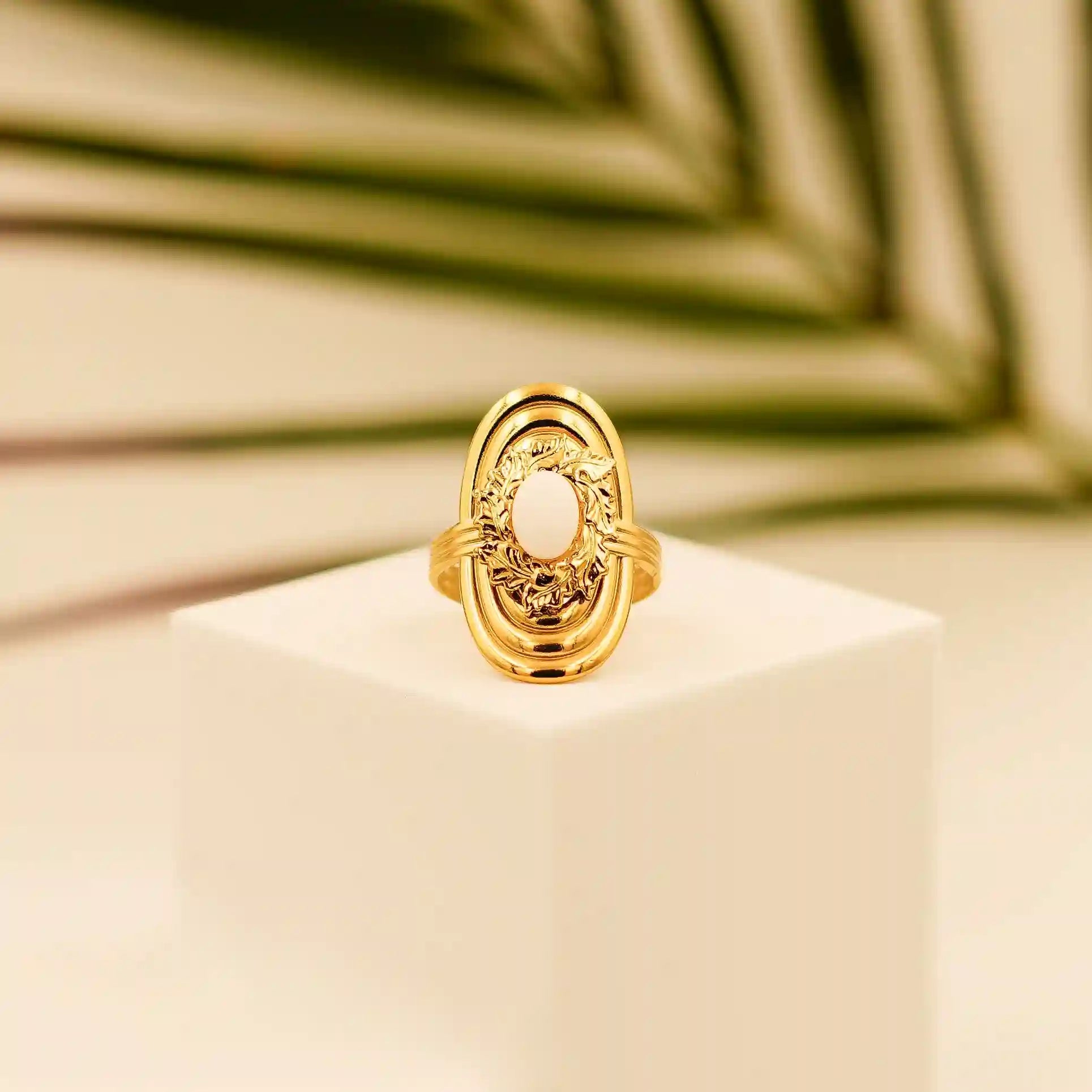 Gold Plated Oval Ring-White Pearl - Vellura Jewellery  Rings