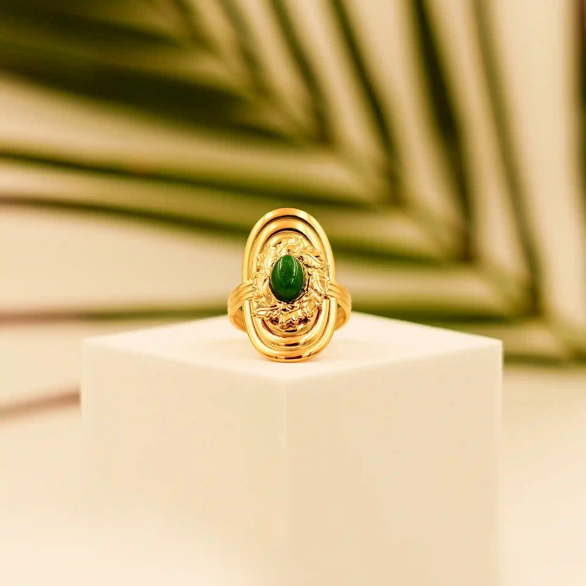 Gold Plated Oval Ring-Green Pearl - Vellura Jewellery  Rings