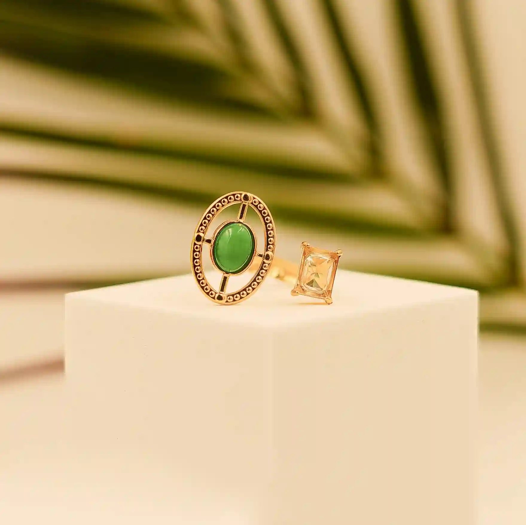 Oval & Square Gemstone Adjustable Ring-Green Pearl - Vellura Jewellery  Rings