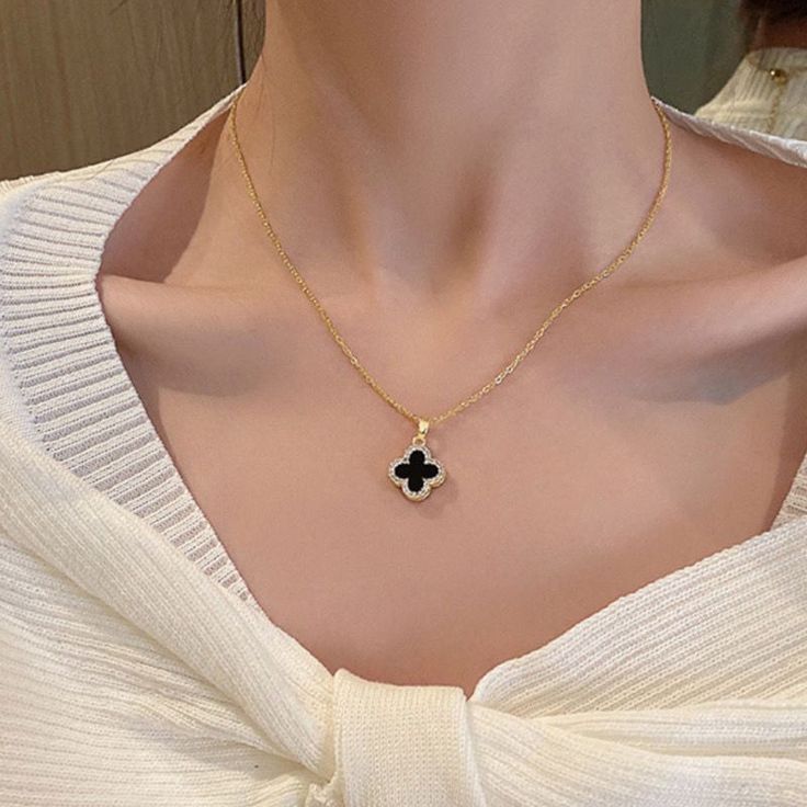Elegant Van Cleef Inspired Black Clover Pendant Necklace-Studded