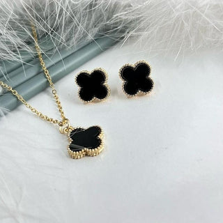 Van Cleef black clover stud earrings with gold beaded border, anti-tarnish finish, elegant luxury jewelry - vellura Jewellery